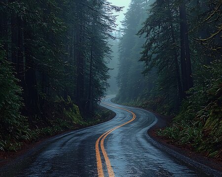 A winding road passes through a dense forest on a rainy day - Powered by Adobe