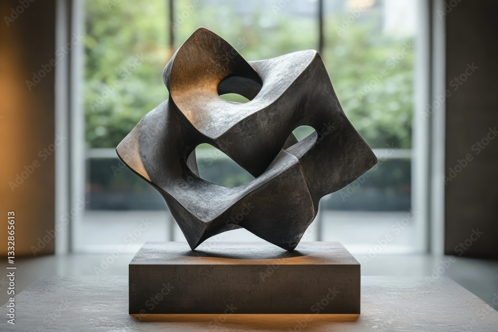 Poster Abstract bronze sculpture, a complex interplay of intersecting forms, creating a dynamic and visually engaging piece.