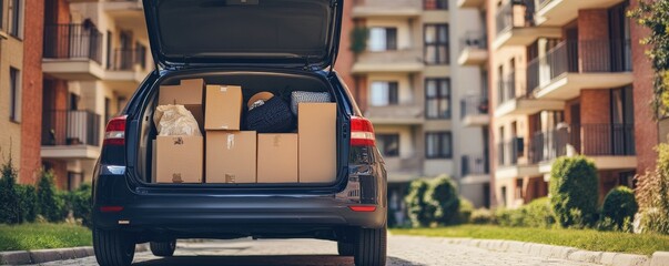 The trunk of car is full with cardboard boxes, bags and other objects from moving in front of an apartment building at summer. Back to school concept.