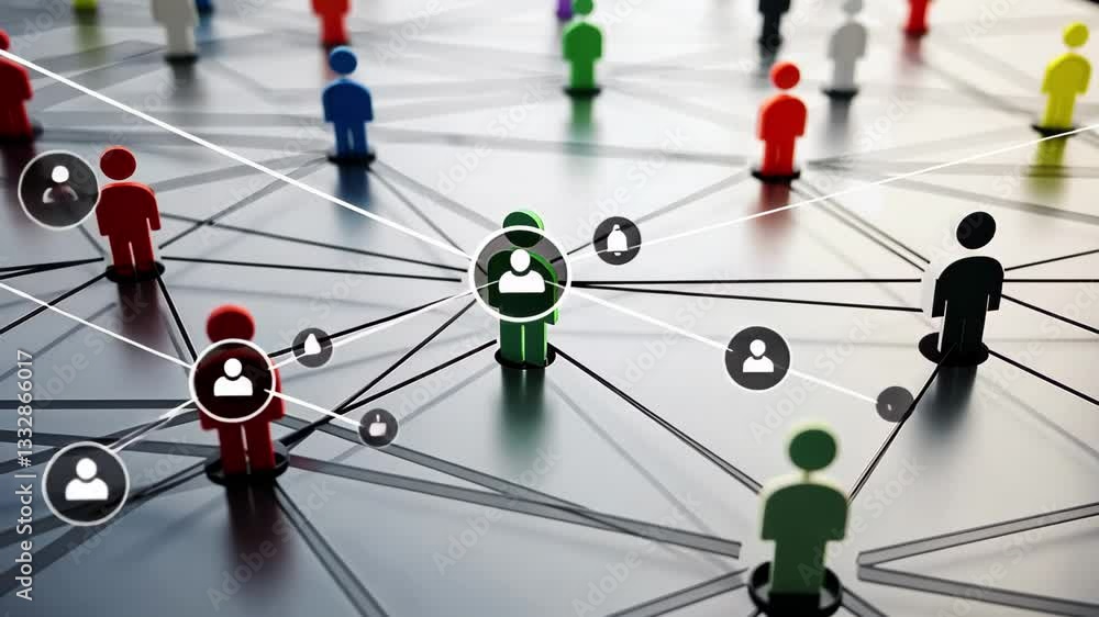 Poster network of connections showcasing diverse people icons interconnected by data lines in a vibrant set