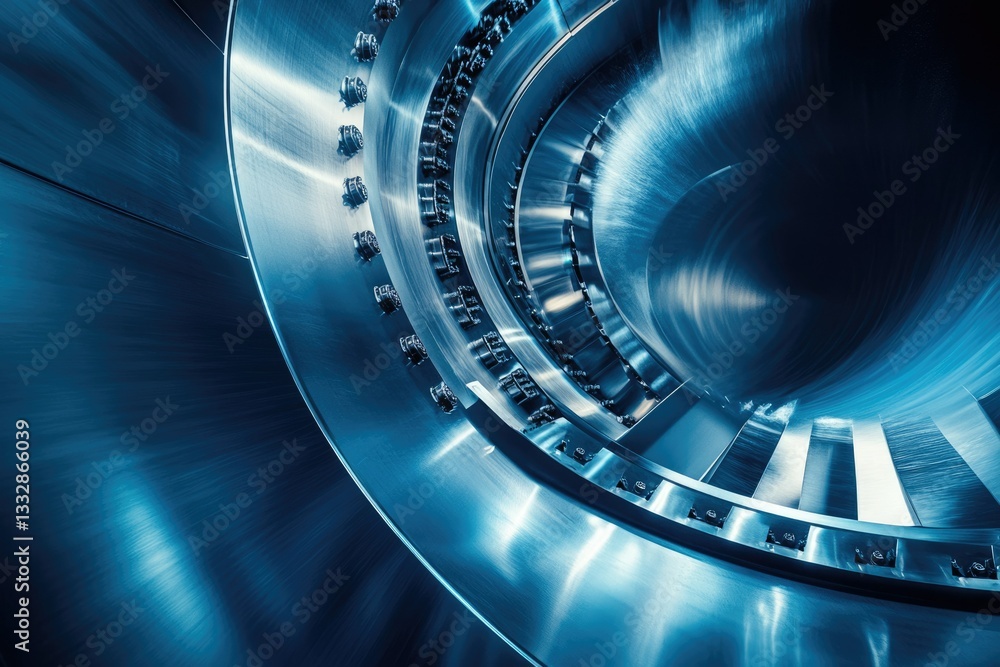Poster close-up view of a complex, metallic industrial machine's rotating interior, showcasing intricate en