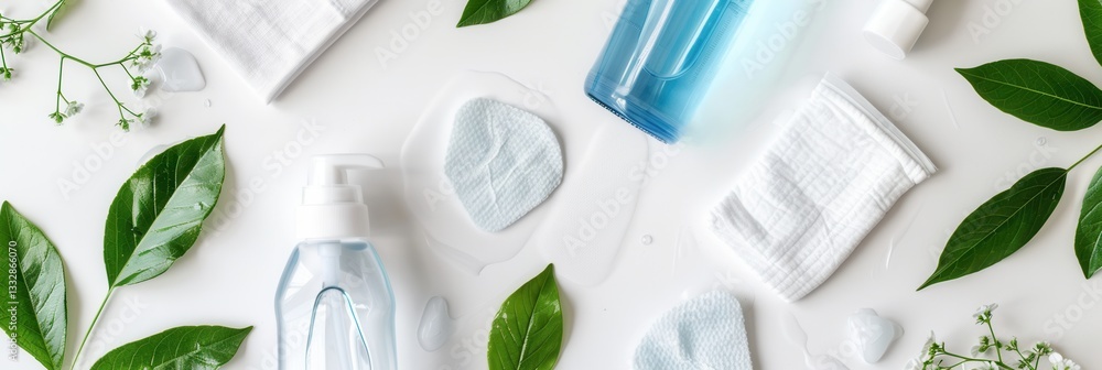 Poster disinfectant and wipes arranged on a clean white surface with greenery for a medical or office setti