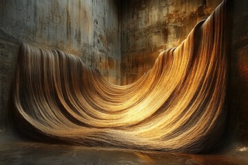 Obraz premium A mesmerizing wave of golden strands cascades within a concrete enclosure, creating a stunning visual spectacle.