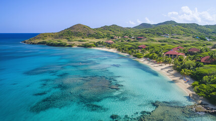 Aerial Tropical Paradise with Crystal Clear Beaches, Lush Greenery and Idyllic Setting for Luxury Getaway in Stunning Natural Setting &ndash; Generative AI