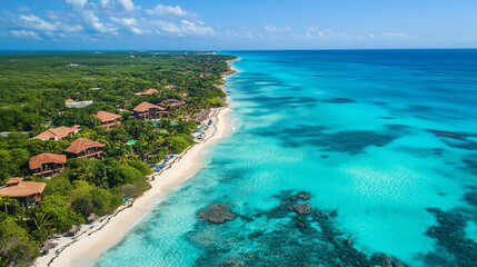 Aerial Tropical Paradise with Crystal Clear Beaches, Lush Greenery and Idyllic Setting for Luxury Getaway in Stunning Natural Setting &ndash; Generative AI