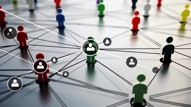 Network of connections showcasing diverse people icons interconnected by data lines in a vibrant setup, netwrok of connections with people icons and data processing over computer servers
