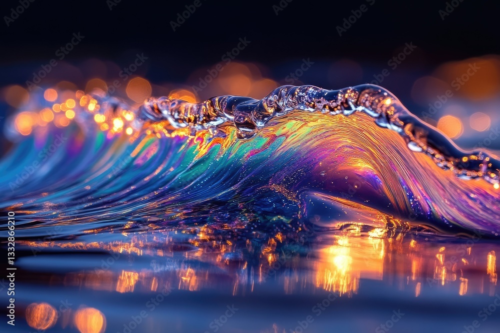 Poster A mesmerizing iridescent wave, shimmering with vibrant colors and reflecting bokeh lights.
