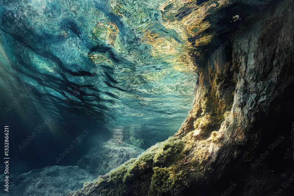 Aufkleber sunbeams illuminate an underwater scene, revealing a submerged tree and textured rock formations.