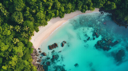 Aerial Tropical Paradise with Crystal Clear Beaches, Lush Greenery and Idyllic Setting for Luxury Getaway in Stunning Natural Setting &ndash; Generative AI