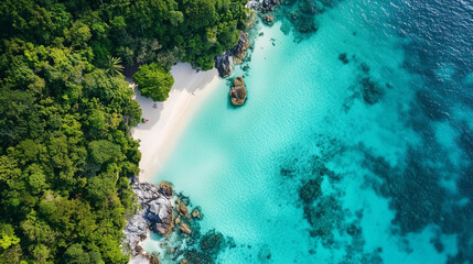 Aerial Tropical Paradise with Crystal Clear Beaches, Lush Greenery and Idyllic Setting for Luxury Getaway in Stunning Natural Setting &ndash; Generative AI