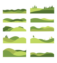 Set of agriculture landscape templates on white background. Green field template, eco background, nature landscape vector illustration with texture. Farmland collage for flyer, identity, booklet
