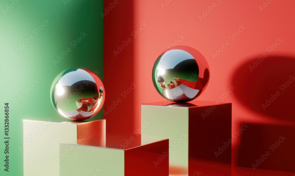 Poster colorful geometric shapes of smooth and shiny spheres on steps of square platforms against red and g