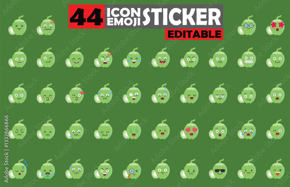 Poster set of editable coconut emoji icons with various facial expressions for digital use