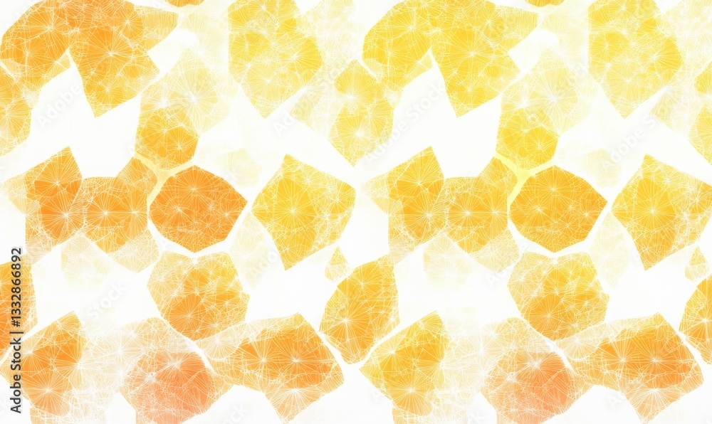 Poster white background featuring intricate yellow and orange geometric shapes in a repeating pattern creat