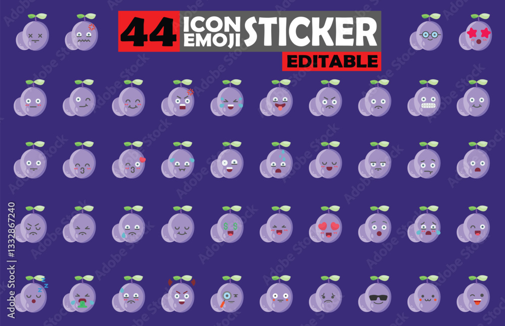 Poster collection of playful plum fruit emojis with various expressions and actions