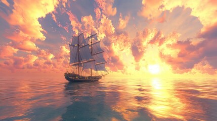 Obraz premium A classic ship glides gracefully across calm waters during sunset. The sky is filled with vibrant hues of orange and pink, reflecting beautifully on the sea