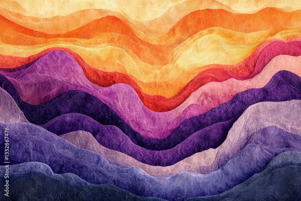 Poster abstract art depicting layered, undulating mountains in warm and cool tones, creating a textured, dr