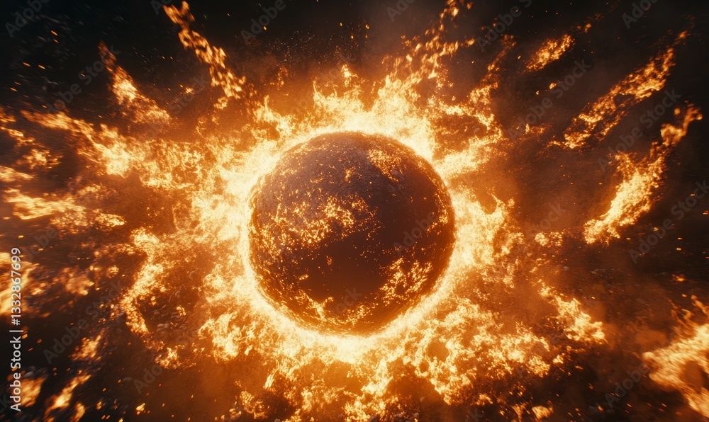 Poster planet is on fire and surrounded by a lot of fire. the planet is the center of the image and the fir