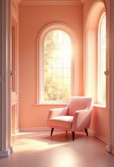 Fototapeta premium Serene interior featuring a soft pink armchair by large arched windows, bathed in warm sunlight, perfect for cozy, stylish living spaces.