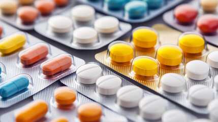 a close up of various pills and medicines in transparent cover 