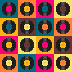 Seamless pattern print wallpaper with vinyl record discs music illustration vector retro style 60s, 70s, 80s, design art background for paper, textile, pack etc.	
