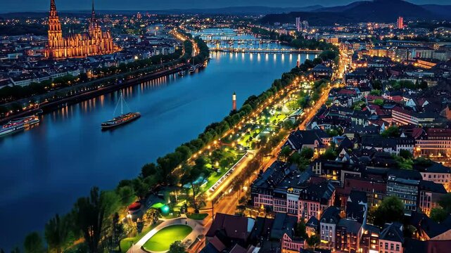 Stunning aerial view of Mannheim, Germany illuminating the night sky over the River Rhine, mannheim germany aerial night