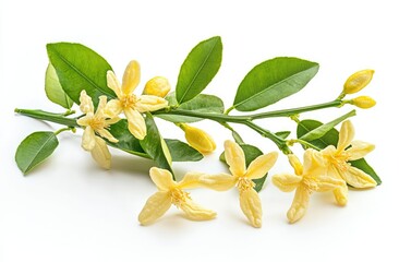 Fototapeta premium Fresh citrus blossoms on branch, isolated on white background