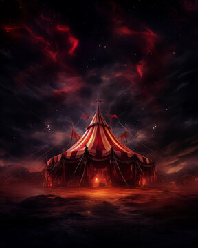 Amusement park, abandoned circus, black and red tones convey a sense of fear, haunted house