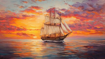 Obraz premium A beautifully detailed sailing ship navigates through tranquil waters as the sun sets, casting warm orange and pink hues across the sky