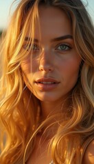 Fototapeta premium Radiant female model with flowing blonde hair and captivating blue eyes, captured in warm sunlight, embodying beauty and serenity.