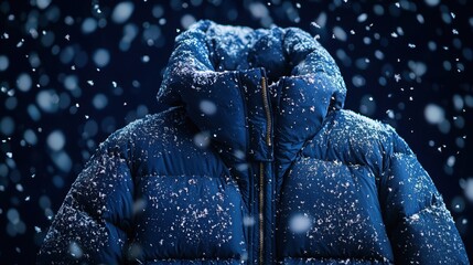A blue puffer jacket is beautifully adorned with falling snowflakes, capturing the essence of a cold winter day