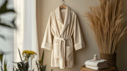 Soft Beige Bathrobe With Pockets And Belt. This cozy and comfortable bathrobe is perfect for lounging at home, providing warmth and relaxation