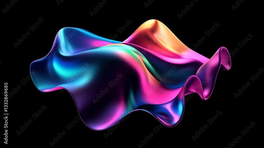 Poster abstract fluid 3d render with a black background and holographic, iridescent neon curved wave in mot