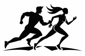 running man and woman line art silhouette vector illustration