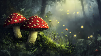 Two red-capped mushrooms with white spots stand out in a dense, mossy forest with a hazy atmosphere and fireflies in the background. Glowing Mushrooms. Illustration