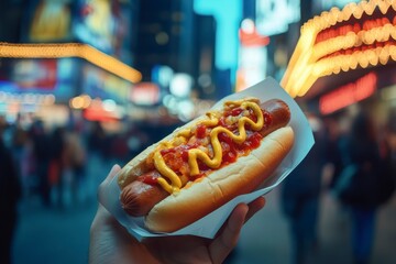 Hand holds a delicious hot dog with mustard, ketchup, and onions against a blurred background of illuminated signs