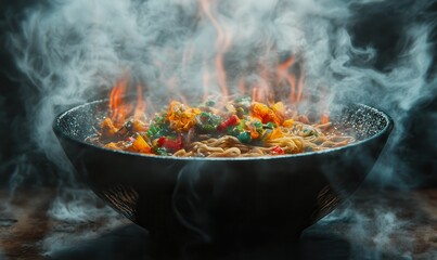 Close-up of a steaming bowl of ramen with vibrant toppings, soft warm light enhancing the rich textures and colors, high detail,