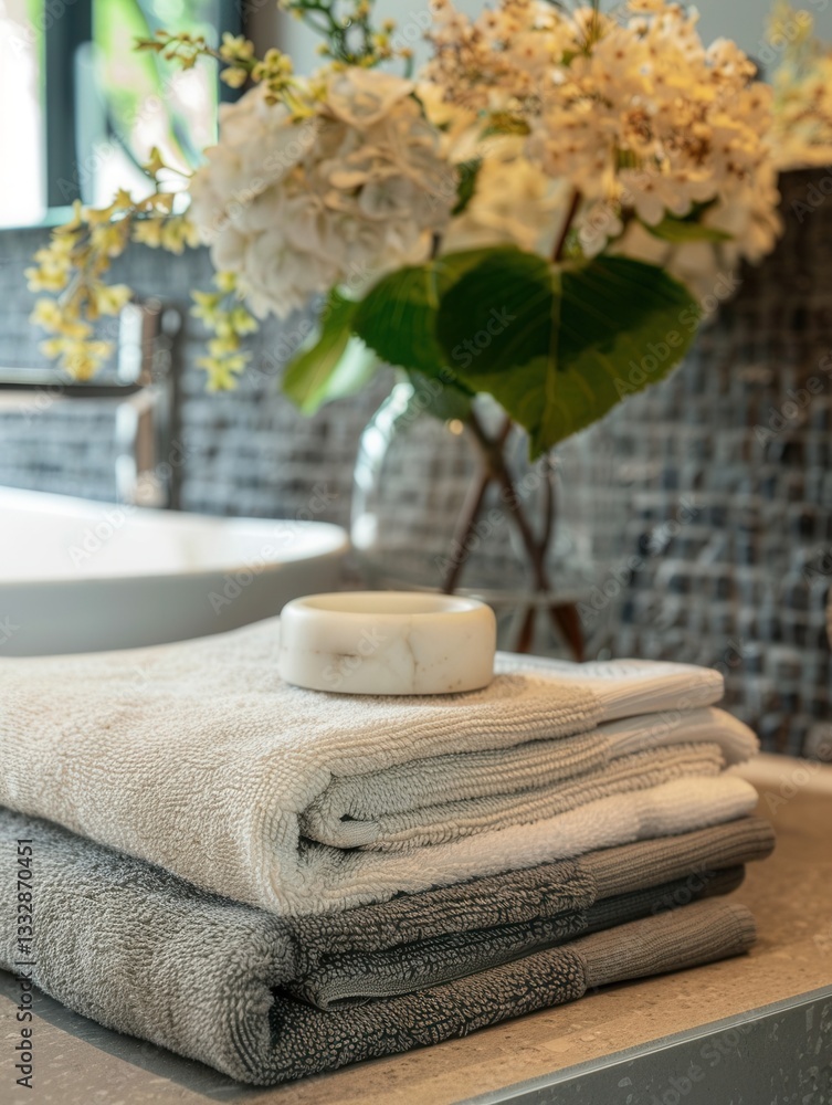 Aufkleber cozy and clean bathroom background with neatly folded towels perfect for hotels and spa salons gener