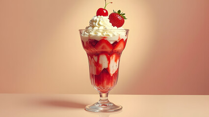 Strawberry Sundae with Whipped Cream i pink background