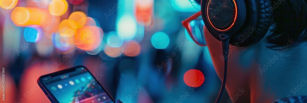 Poster Close-up of an ear with headphones, highlighting a smartphone and music app in a vibrant urban setting at night Generative AI