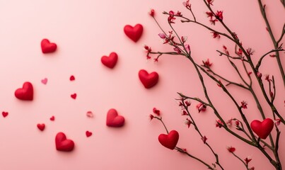 Valentines theme with a pink background, red hearts perched on branches and scattered romantically