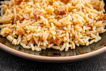 Rice ham meat main course fresh delicious gourmet food background on the table rustic food top view copy space
