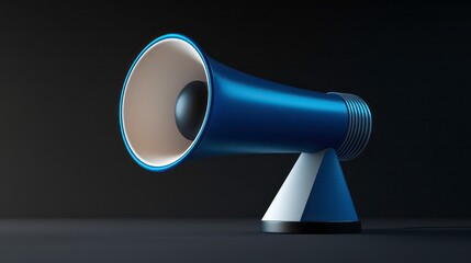 3D blue megaphone with a white accent, featuring a sleek design. Ideal for communication, announcement, and promotional projects