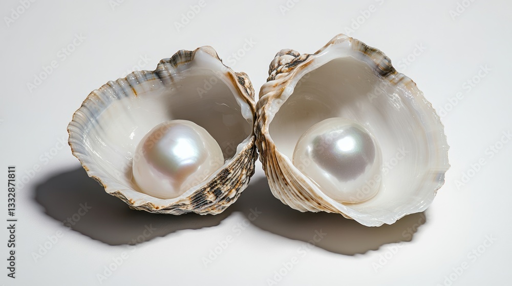 Poster shimmering pearls resting elegantly inside open, pristine oyster shells on a neutral background gene