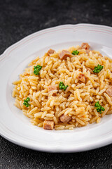 Rice ham meat main course fresh delicious gourmet food background on the table rustic food top view copy space