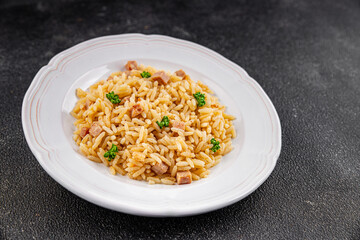 Rice ham meat main course fresh delicious gourmet food background on the table rustic food top view copy space