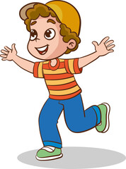 Happy children jumping vector illustration. Cartoon isolated active child running, sport exercises in summer park, healthy walk with jumps of funny excited small school kid in jeans and sneakers