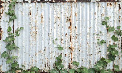Vintage texture of old peeling metal plate white wall background with tree creeper vine plants and grass covered