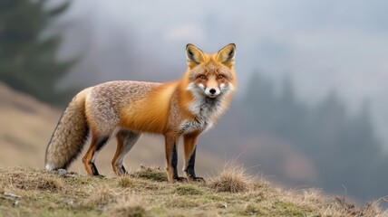 Fototapeta premium Red Fox in Foggy Mountain Landscape