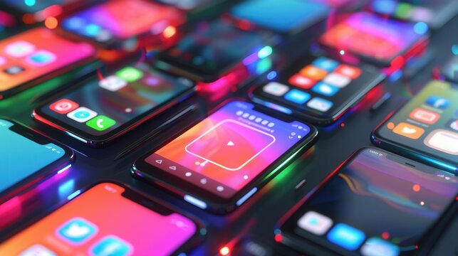 Modern background with smartphones and tablets showcasing social media apps, ideal for mobile marketing and branding strategies